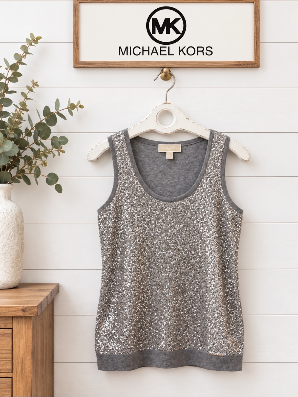 MICHAEL KORS Grey Sequin Tank Top Size S